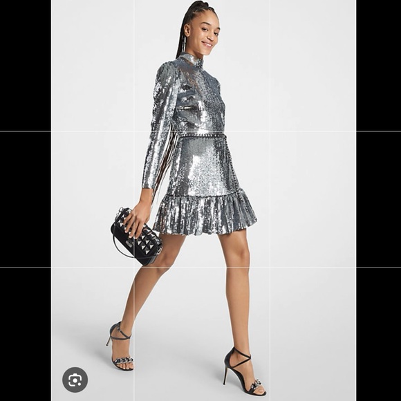NWT Michael Kors Silver Sequined Georgette Ruffled Dress Size 4